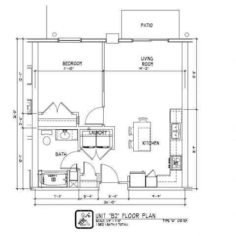 Floor plan for 1 bed, 1 bath, 670 sqft